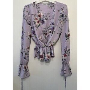 Bershka Lavender Floral Wrap Blouse Peplum Top Long Sleeve Size M